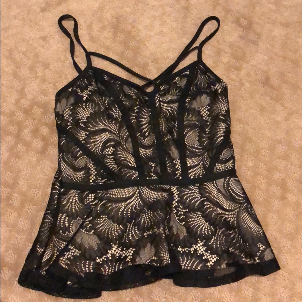 black lace and tan peplum top